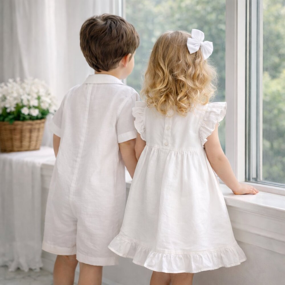 Strasburg Boy White Linen Romper Shortall NEW Size 3 Beach Portrait Ring Bearer - Picture 10 of 10